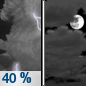 Sunday Night: A 40 percent chance of showers and thunderstorms before midnight.  Mostly cloudy, with a low around 56. Calm wind becoming west northwest around 5 mph in the evening.  New precipitation amounts of less than a tenth of an inch, except higher amounts possible in thunderstorms. 