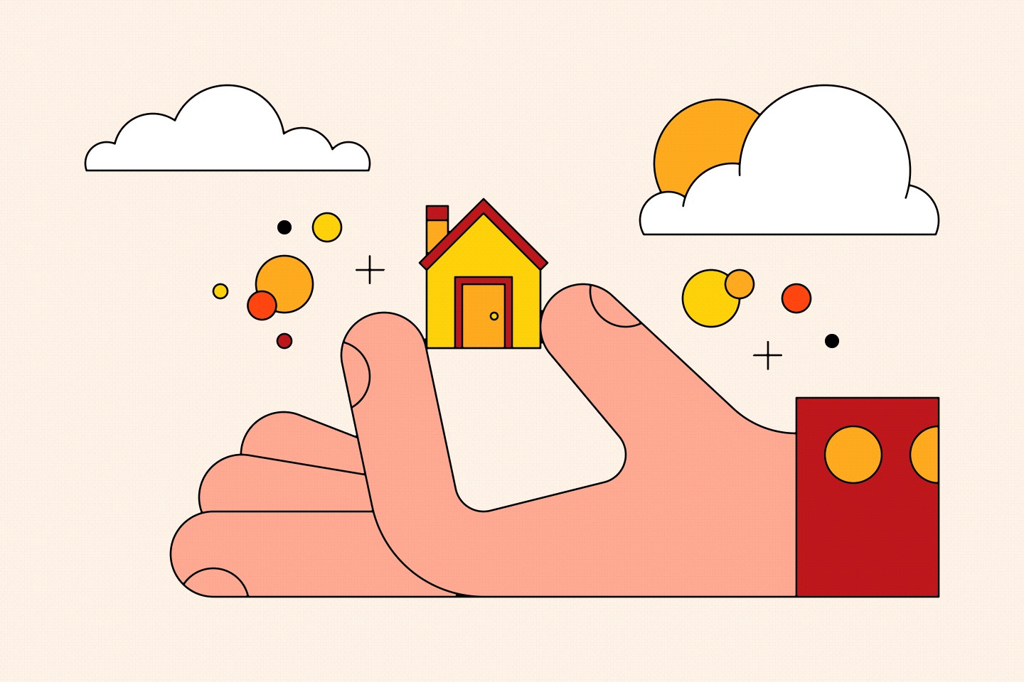 An illustration showing a large hand holding a small yellow house between pointer finger and thumb.