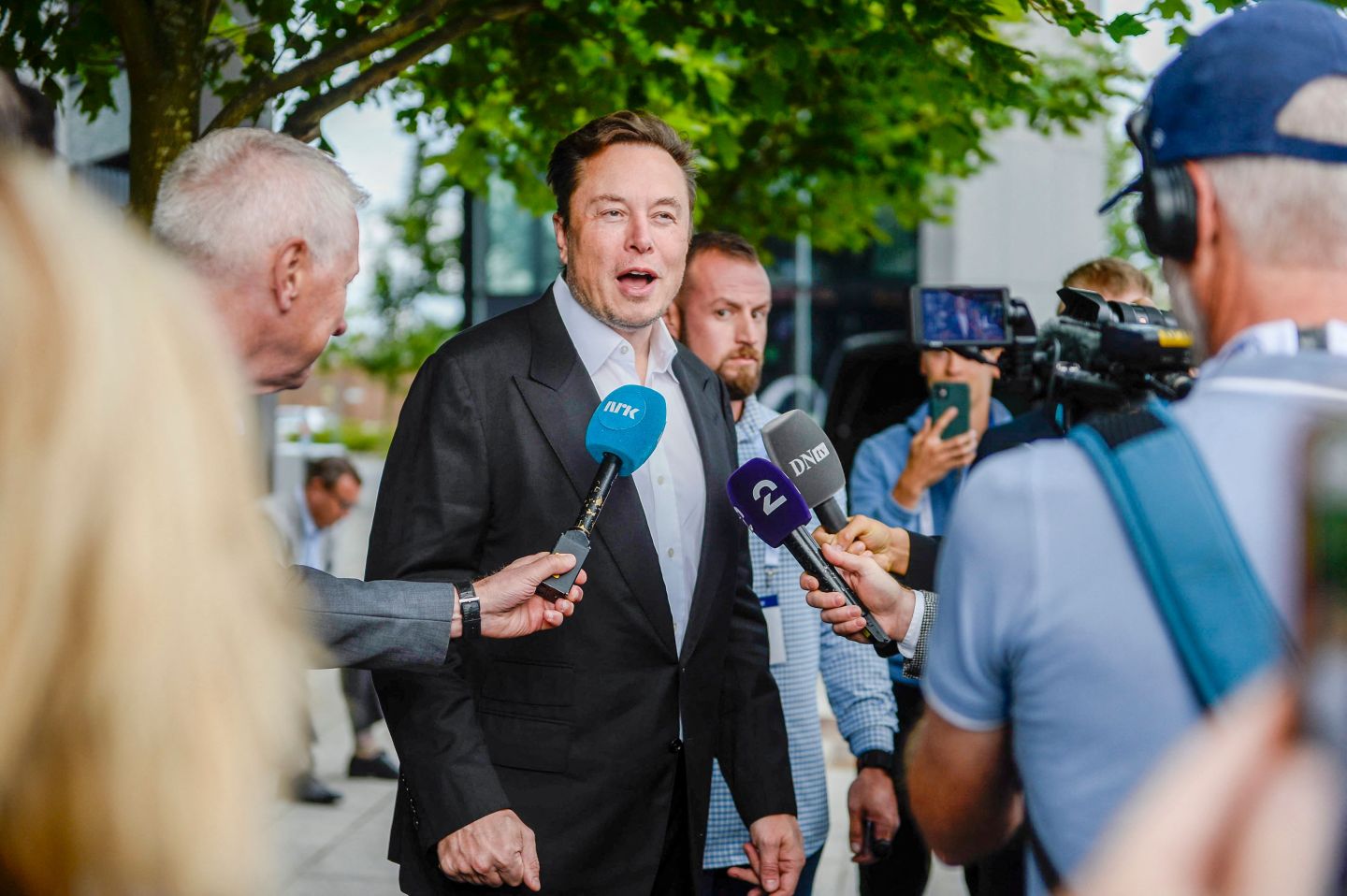 Tesla CEO Elon Musk gives interviews as he arrives at the Offshore Northern Seas 2022 (ONS) meeting in Stavanger, Norway on August 29, 2022. &#8211; The meeting, held in Stavanger from August 29 to September 1, 2022, presents the latest developments in Norway and internationally related to the energy, oil and gas sector. &#8211; Norway OUT (Photo by Carina Johansen / NTB / AFP) / Norway OUT (Photo by CARINA JOHANSEN/NTB/AFP via Getty Images)