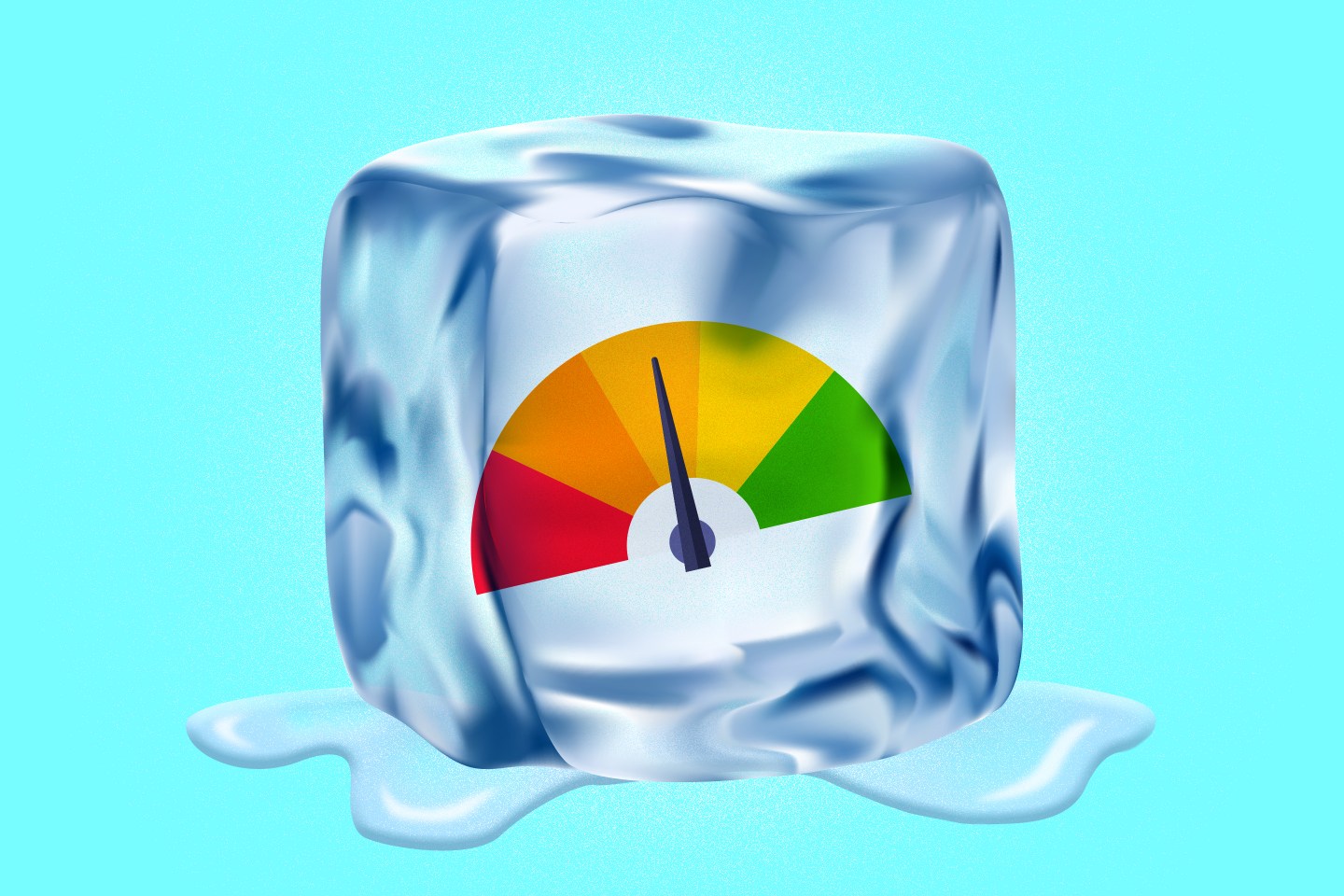 Photo illustration of a credit score meter trapped in an ice cube.