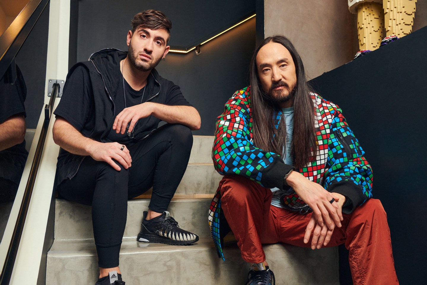 Steve Aoki and Justin Blau (3Lau) photographed at Aoki's home in Las Vegas, NV on March 18, 2023.