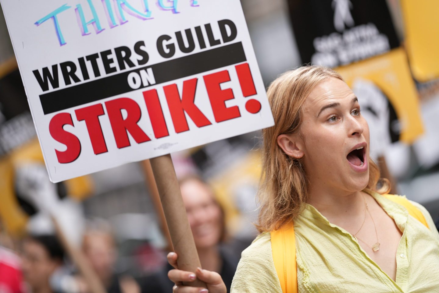 NEW YORK, NEW YORK &#8211; AUGUST 24: Tommy Dorfman joins SAG-AFTRA members as they maintain picket lines in front of Netflix on August 24, 2023 in New York City. Members of SAG-AFTRA and WGA (Writers Guild of America) have both walked out in their first joint strike against the studios since 1960. The strike has shut down a majority of Hollywood productions with writers in the third month of their strike against the Hollywood studios. (Photo by John Nacion/Getty Images)