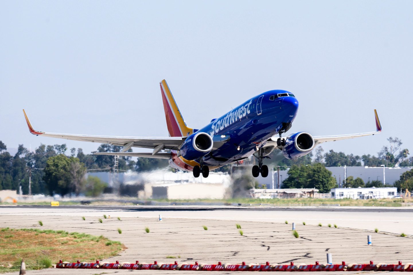 Ontario, CA &#8211; September 19: Ontario, CA &#8211; September 19: A Southwest Airlines airplane takes off on the runway, as ongoing maintenance construction takes place on existing runways and taxiways at Ontario International Airport in Ontario on Tuesday, Sept. 19, 2023. Ontario International Airport secured nearly $16 million in federal funding for essential runway upgrades. (Photo by Watchara Phomicinda/MediaNews Group/The Press-Enterprise via Getty Images)