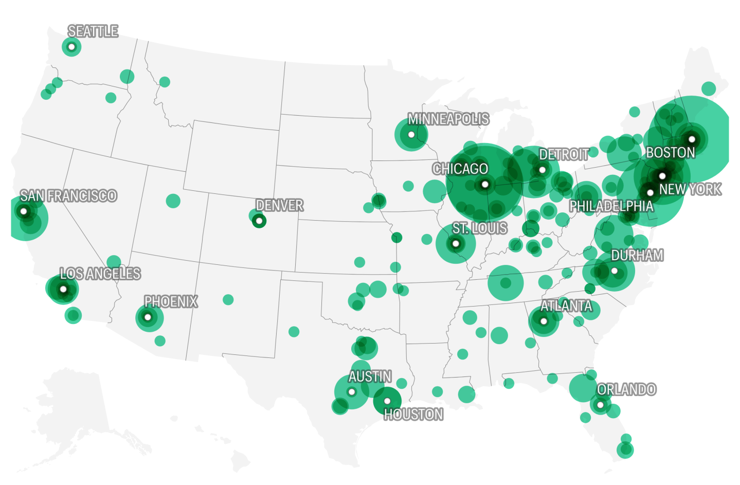 Map of the United States, with green circle depicting where Fortune 1000 executives received their MBA. Bigger circles means larger concentration of degrees.