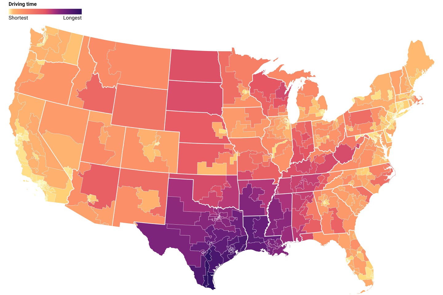 ‘As quick as 5 minutes in California or as grueling as 11 hours in Texas’: Research reveals new post-Dobbs map of abortion access driving times