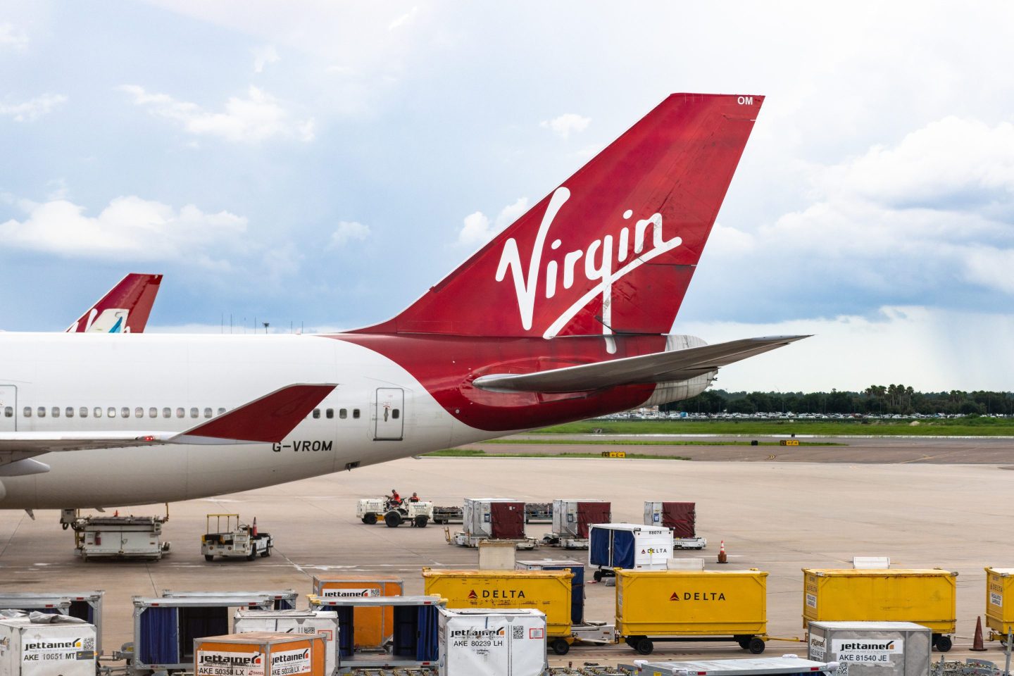 The 'Virgin' branding in the tail of a large commercial airplane