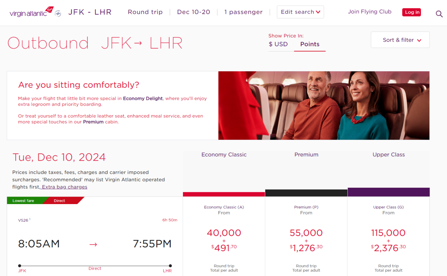 Booking page of virgin airline showing points.