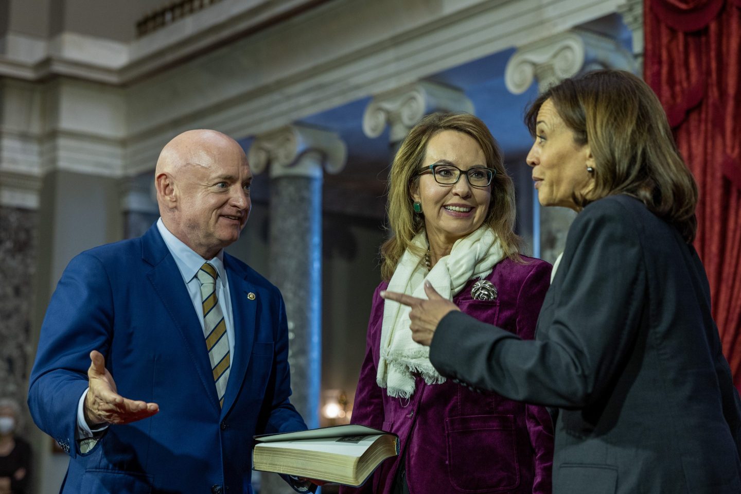 WASHINGTON, DC &#8211; JANUARY 03: U.S. Vice President Kamala Harris prepares to swears in Sen. Mark Kelly (D-AZ) with his wife Gabrielle Giffords  in the old senate chamber for the Ceremonial Swearing on January 03, 2023 in Washington, DC. Today members of the 118th Congress will be sworn in and the House of Representatives will hold votes on a new Speaker of the House. (Photo by Tasos Katopodis/Getty Images)