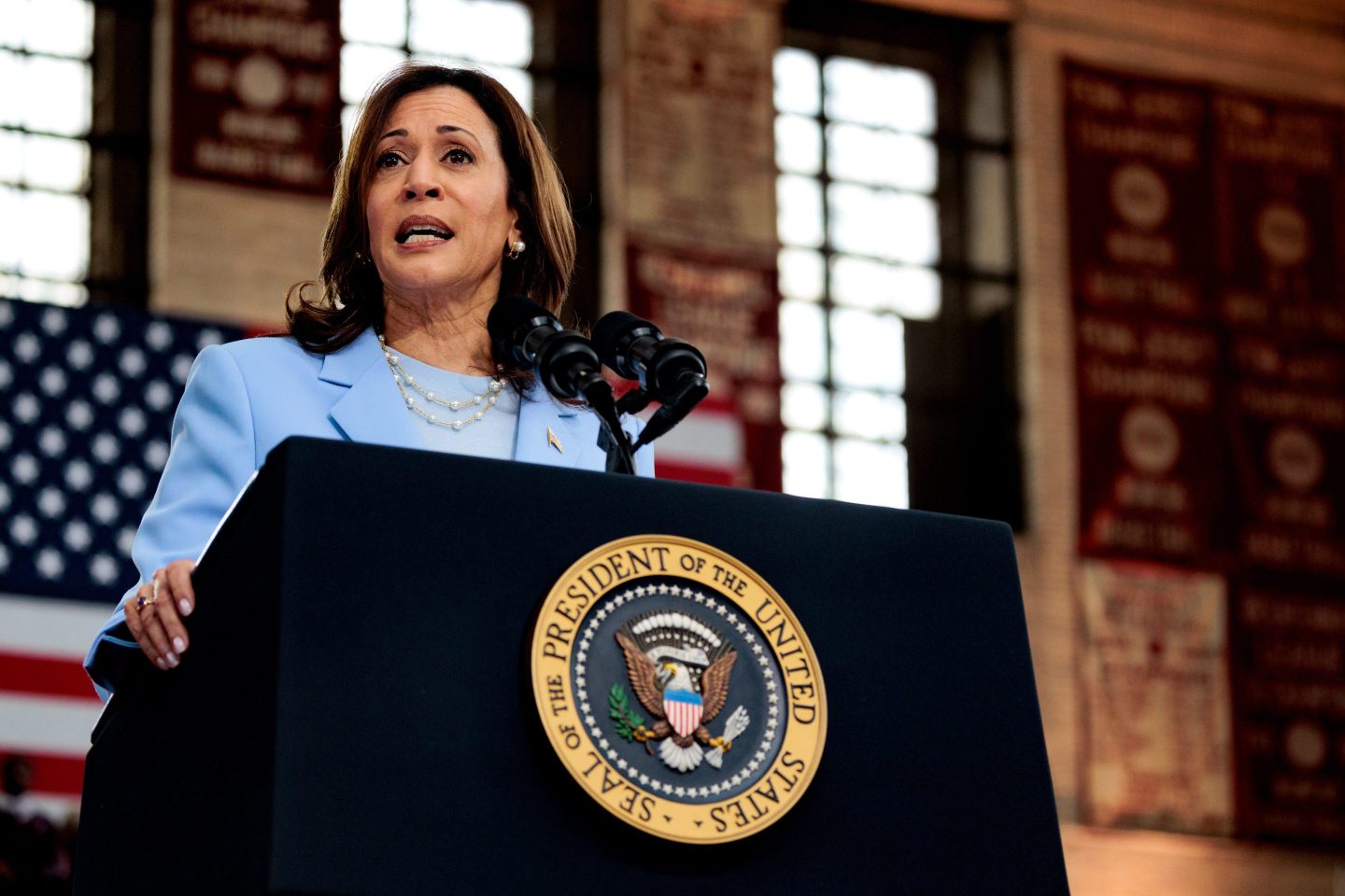 US Vice President Kamala Harris during a campaign event at Girard College in Philadelphia, Pennsylvania, US, on Wednesday, May 29, 2024.