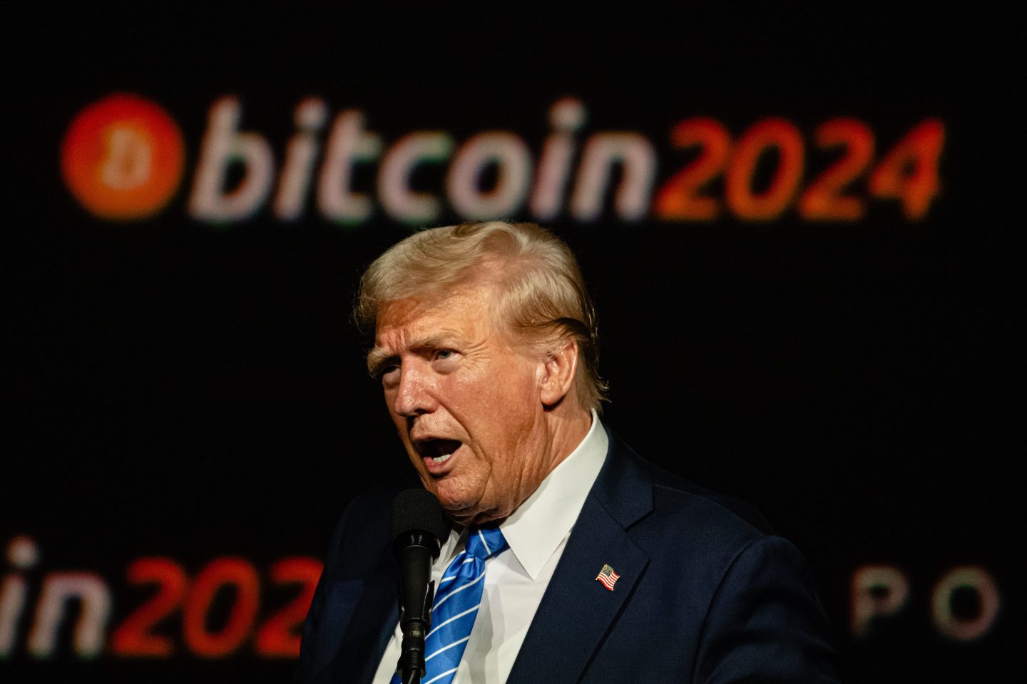 NASHVILLE, TENNESSEE &#8211; JULY 27: Former President and 2024 Republican presidential candidate Donald Trump gives a keynote speech on the third day of the Bitcoin 2024 conference at Music City Center July 27, 2024 in Nashville, Tennessee. The conference, which is aimed at bitcoin enthusiasts, features multiple vendor and entertainment spaces and seminars by celebrities and politicians. (Photo by Jon Cherry/Getty Images)