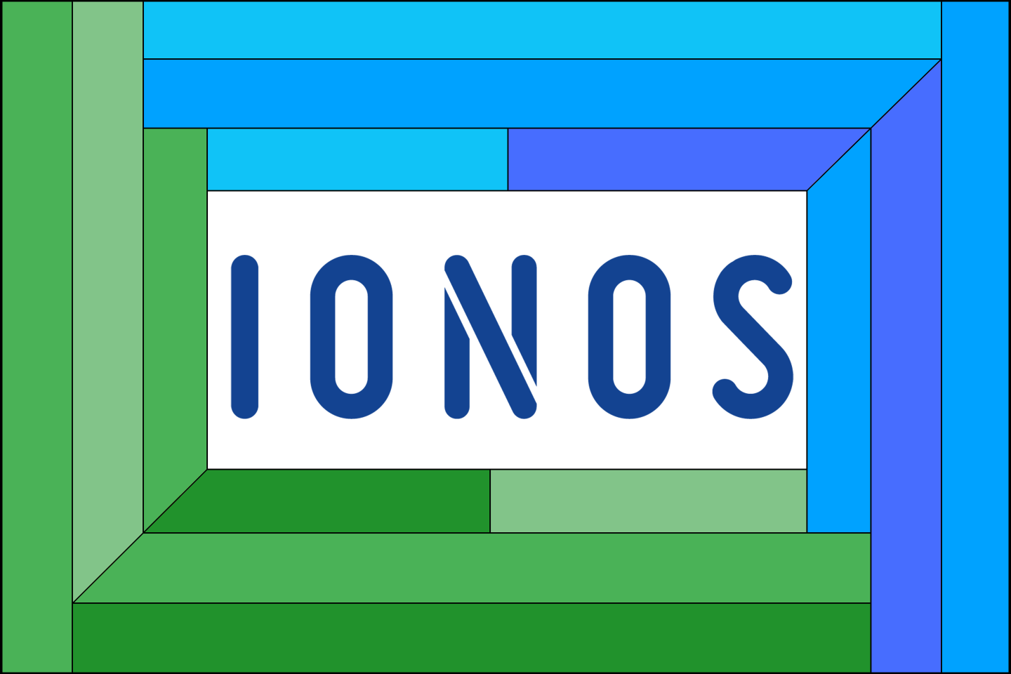 The Ionos logo on a blue and green graphic frame.