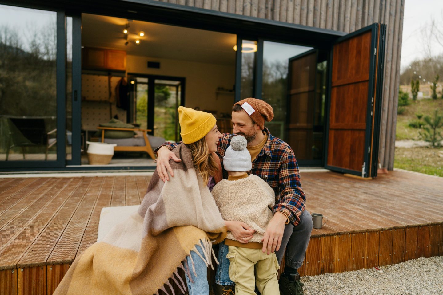 A family at an extended weekend in the cabin house.