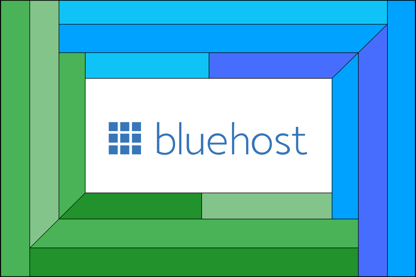 The bluehost logo on a blue and green frame.