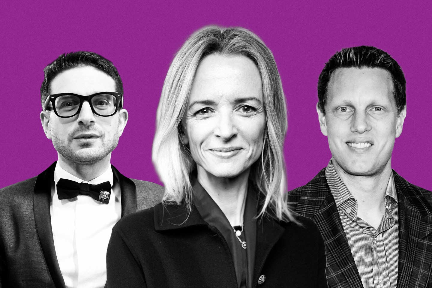 Portraits of Alex Soros, Delphine Arnault and David Ellison on purple background