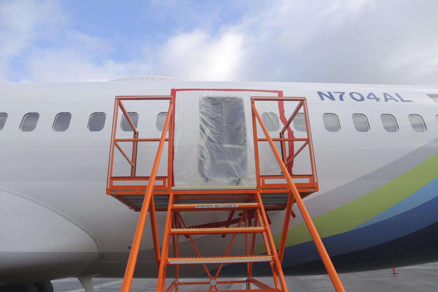 Stairs leading up to the door that blew off a Boeing Alaska Airlines jet