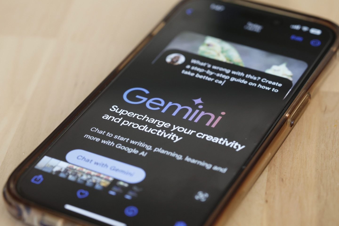 A phone screen shows Gemini chatbot.