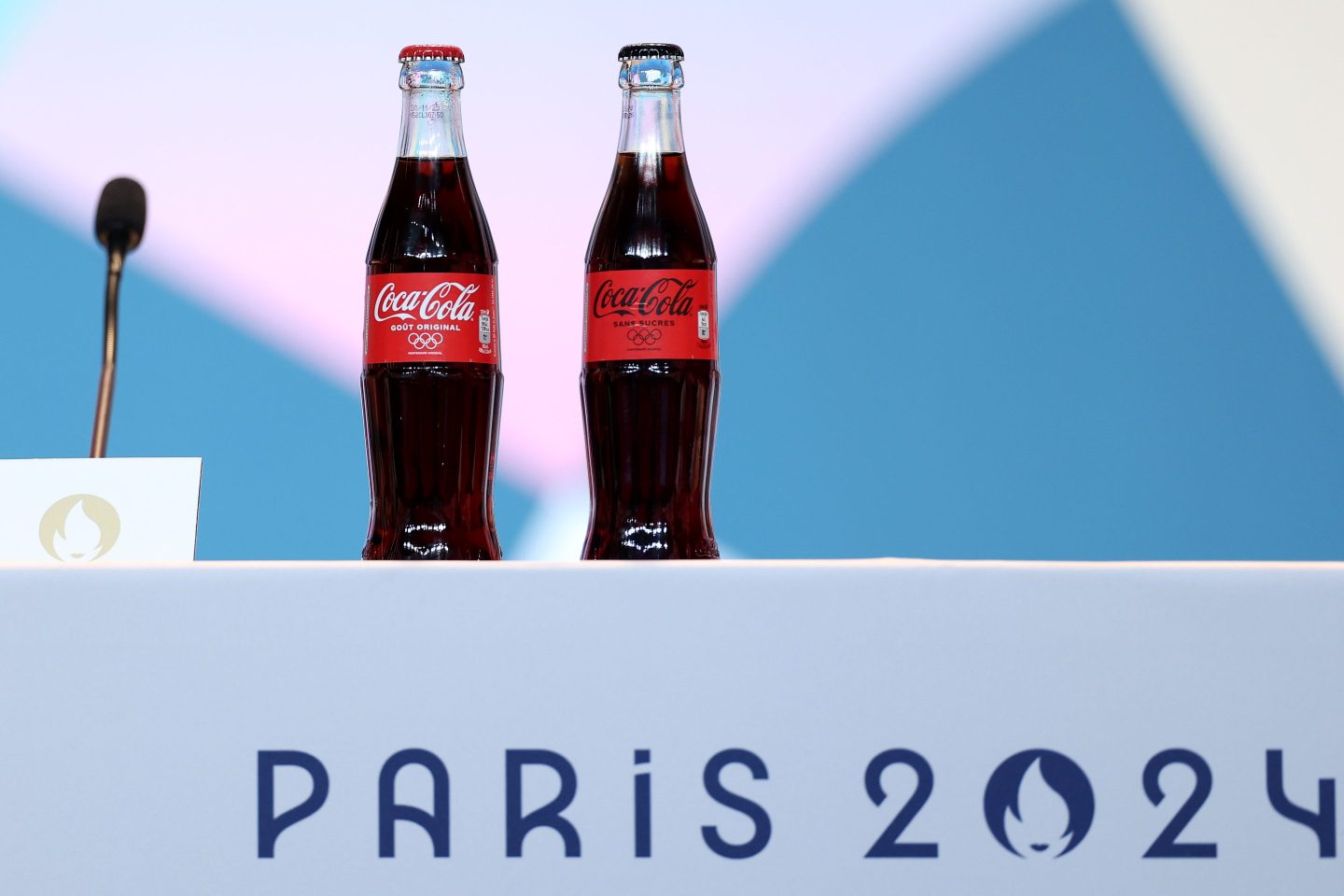 PARIS, FRANCE - JULY 21: Bottles of Coca-Cola are seen during the Paris 2024 President and CEO press conference at the Main Press Centre on July 21, 2024 in Paris, France. (Photo by Pascal Le Segretain/Getty Images)