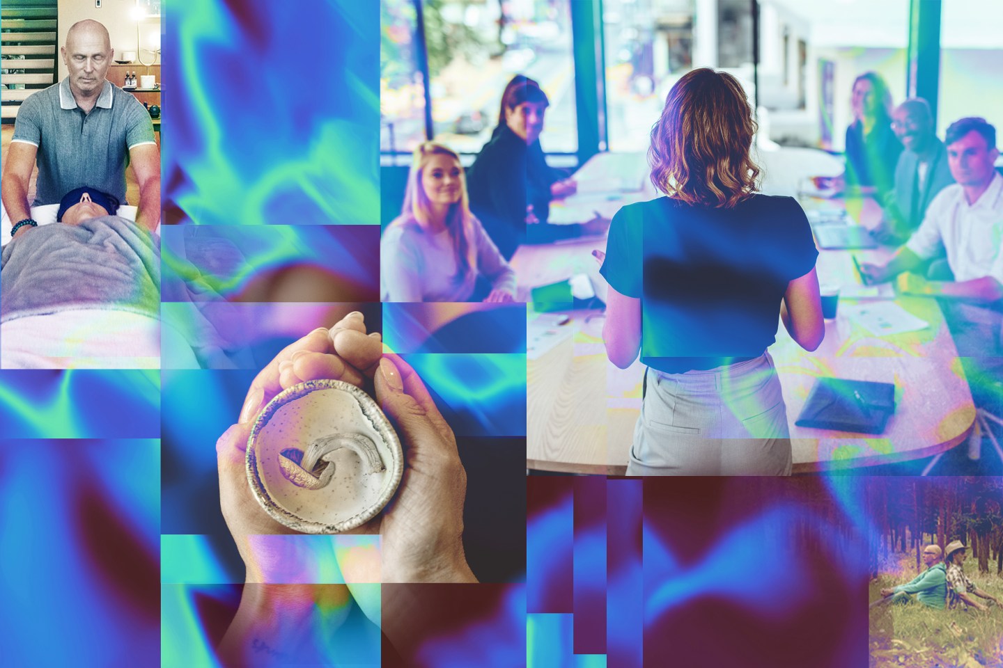 A collage of images features a manager leading a meeting, someone in a spa like environment, and hands holding a cup with a mushroom in it