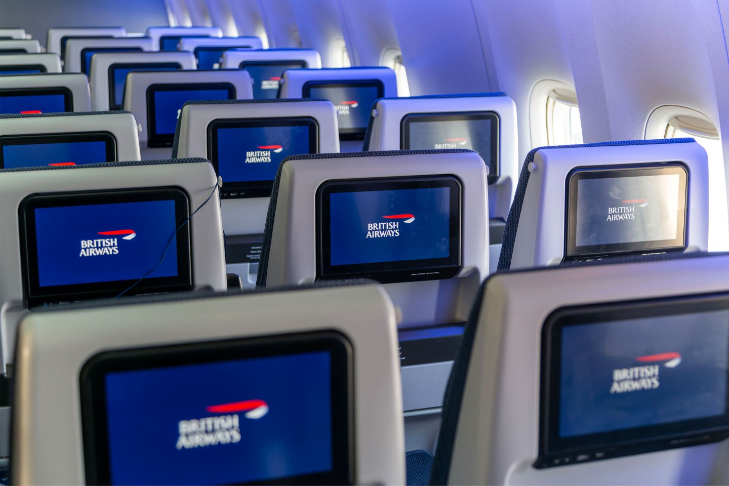 Details of TV screens on seat backs of British Airways plane.