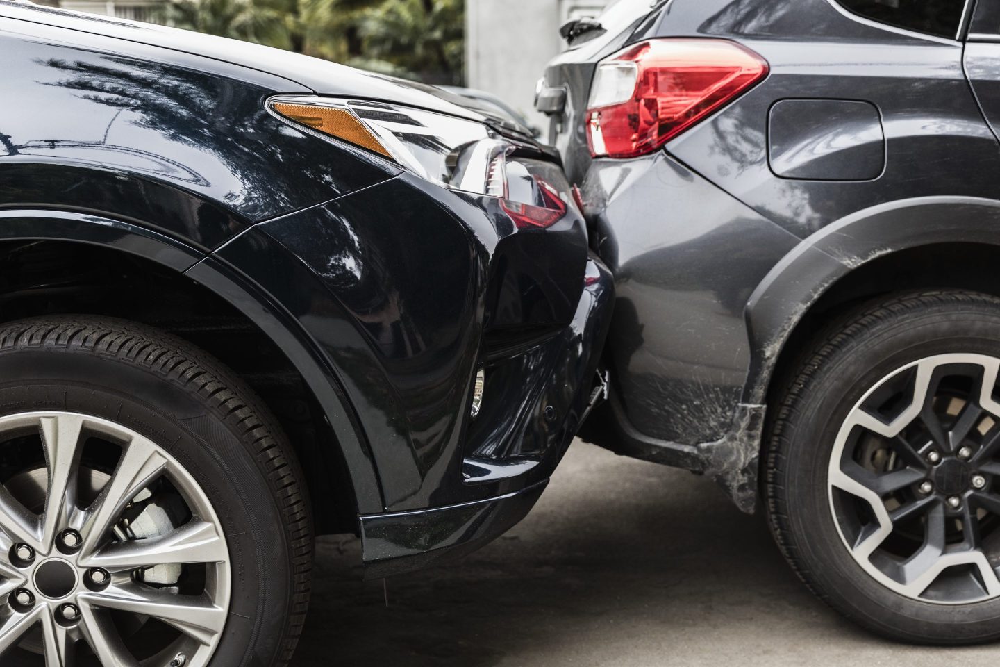 Damaged bumpers from car accident.