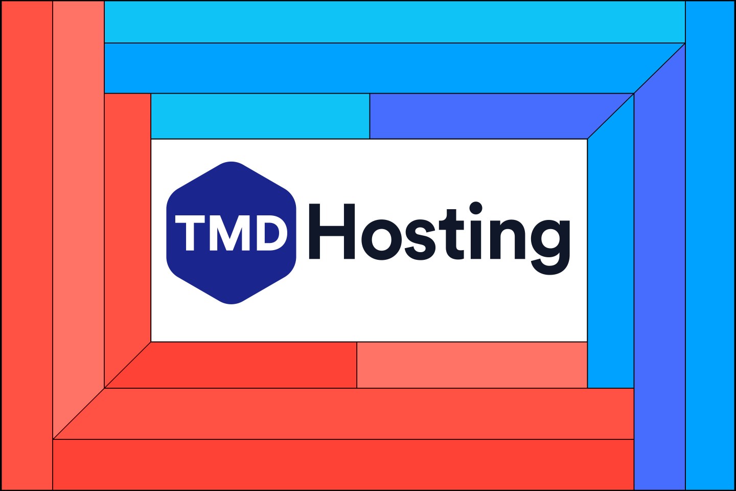 The TMDHosting logo on a red and blue frame.