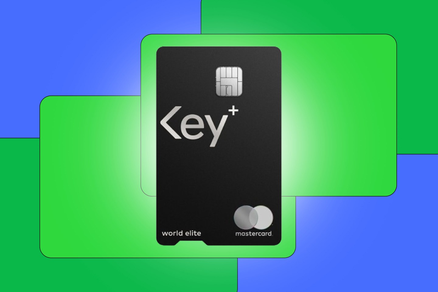 The Wells Fargo One Key+ card on a graphic background.