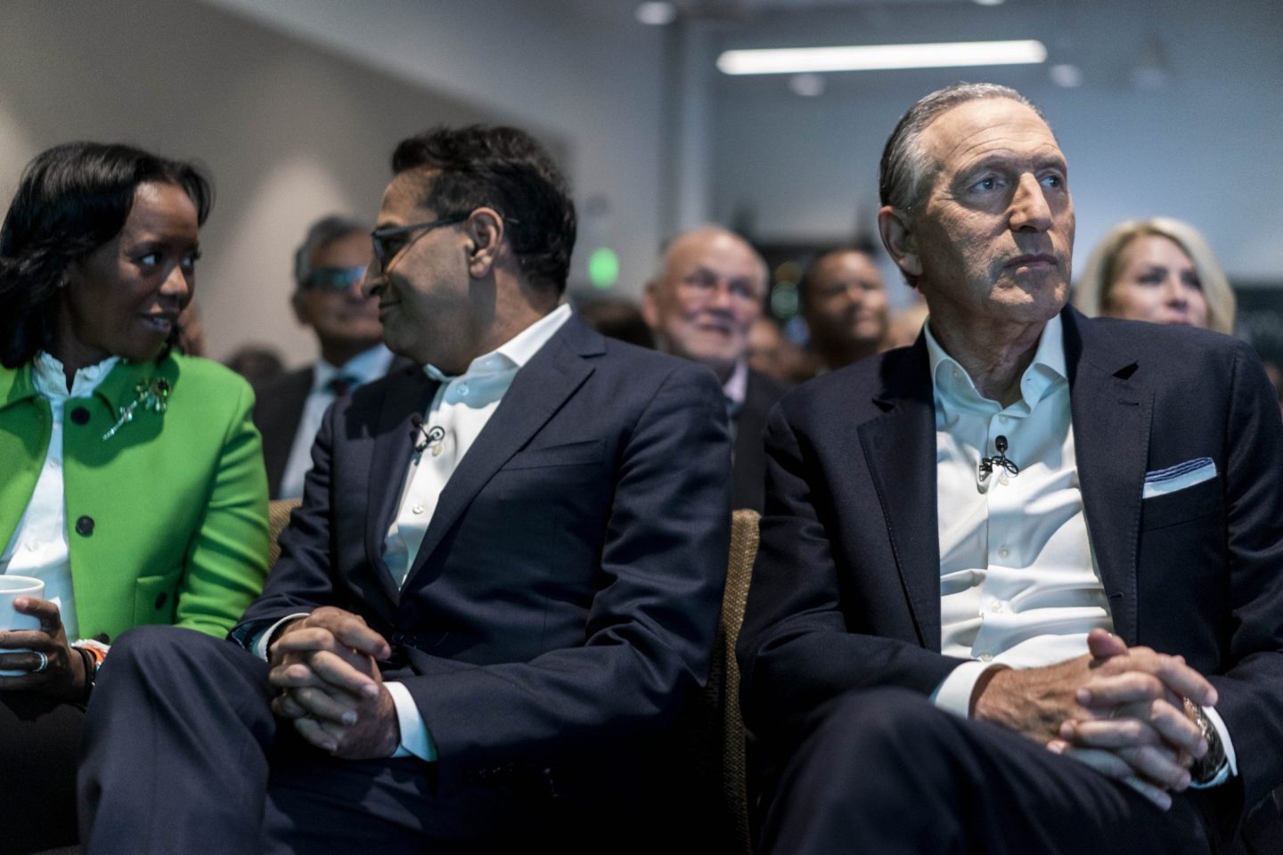 SEATTLE, WASHINGTON &#8211; SEPTEMBER 13, 2022:<br />
CEO of Starbucks Howard Schultz sits off stage with soon to be Starbucks CEO Laxman Narasimhan and Chairwoman of Starbucks Corporation Mellody Hobson during Investor Day at Starbucks Headquarters in Seattle, Washington Tuesday September 13, 2022. ()