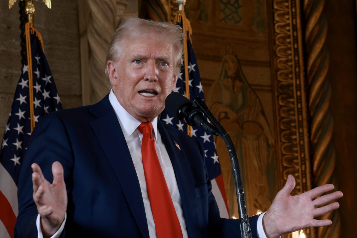 Republican presidential candidate former President Donald Trump speaks during a press conference at Mr. Trump's Mar-a-Lago estate on August 08, 2024, in Palm Beach, Florida