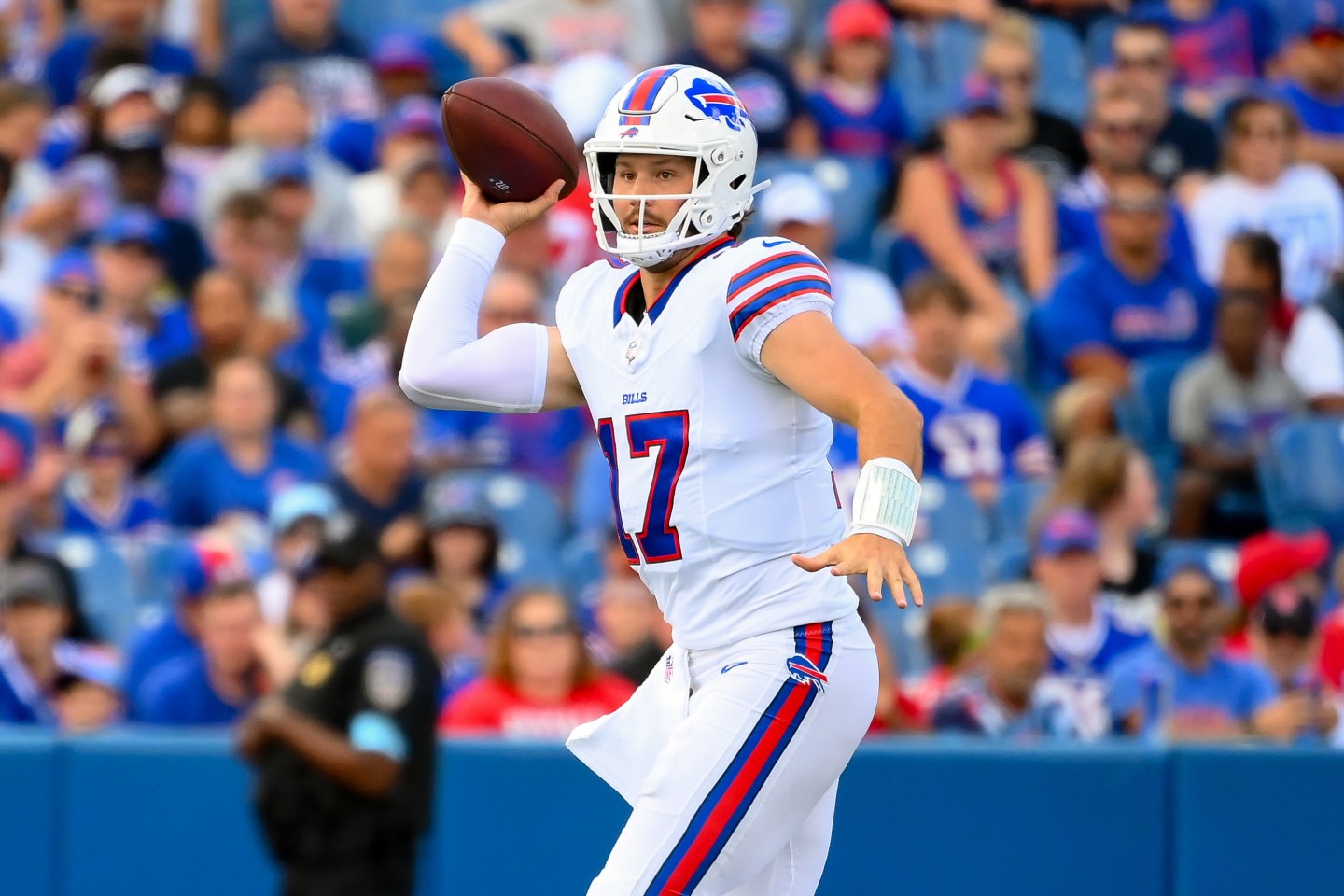 ORCHARD PARK, NEW YORK &#8211; AUGUST 10: Josh Allen #17 of the Buffalo Bills looks to pass against the Chicago Bears during the first half of a preseason game at Highmark Stadium on August 10, 2024 in Orchard Park, New York. (Photo by Rich Barnes/Getty Images)