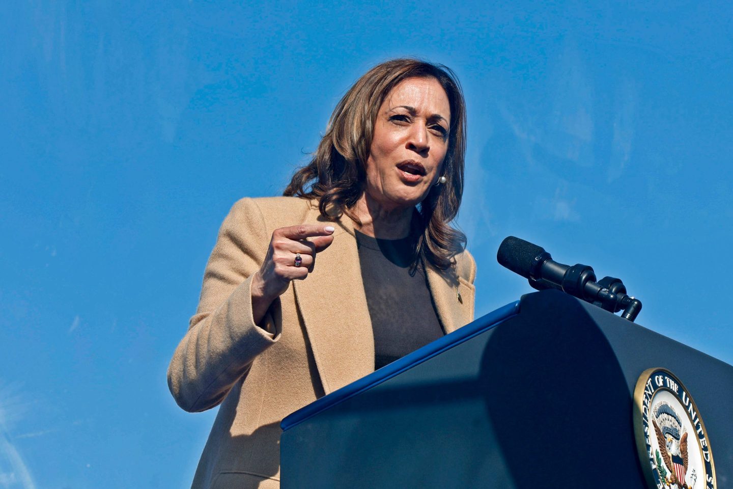 US Vice President Kamala Harris speaks during a campaign event in North Hampton, New Hampshire, US, on Wednesday, Sept. 4, 2024. Harris called for a 28% capital gains tax rate on people earning $1 million or more, touting it as a measure that would ensure the wealthy paid their fair share as she sought to detail her economic agenda and draw a contrast with Republican rival Donald Trump. Photographer: Kacey Chapman/Bloomberg via Getty Images