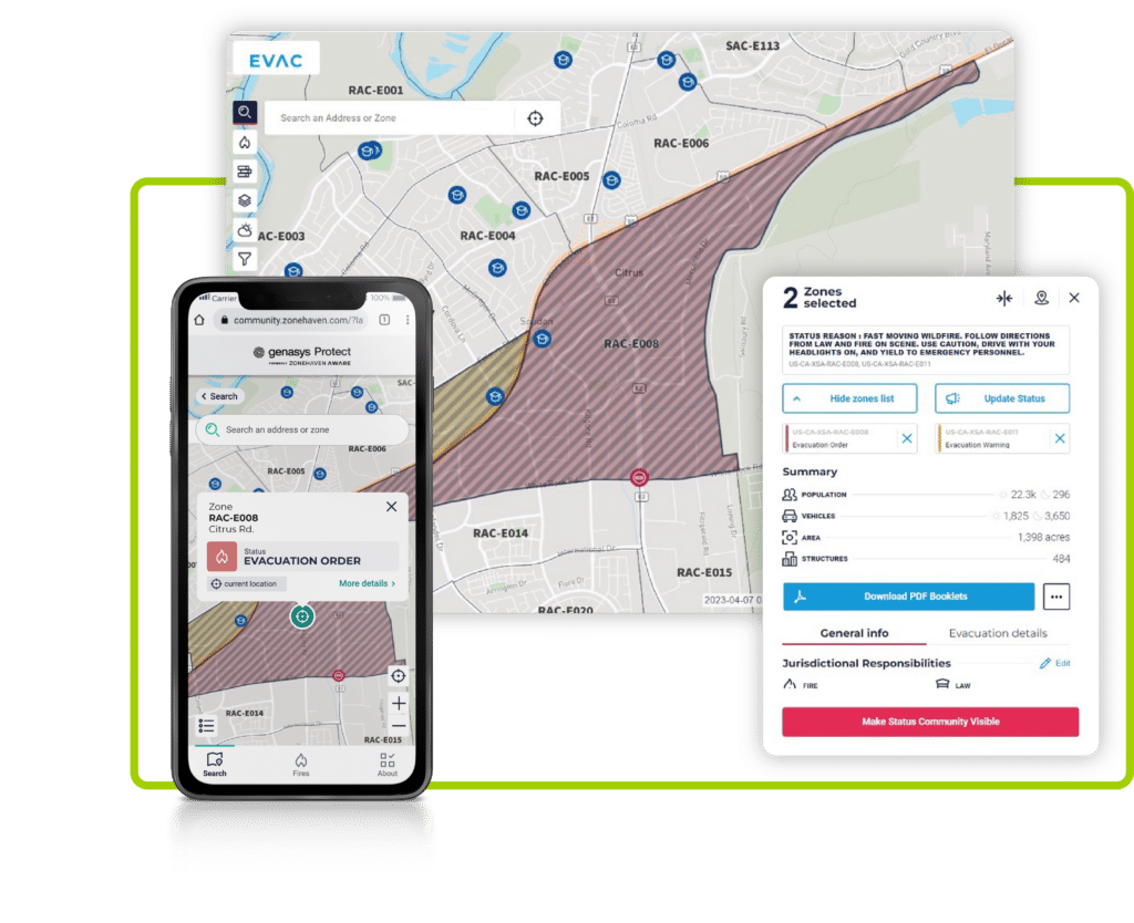 Image of Genasys Protect EVAC and its zone-based maps and notifications.