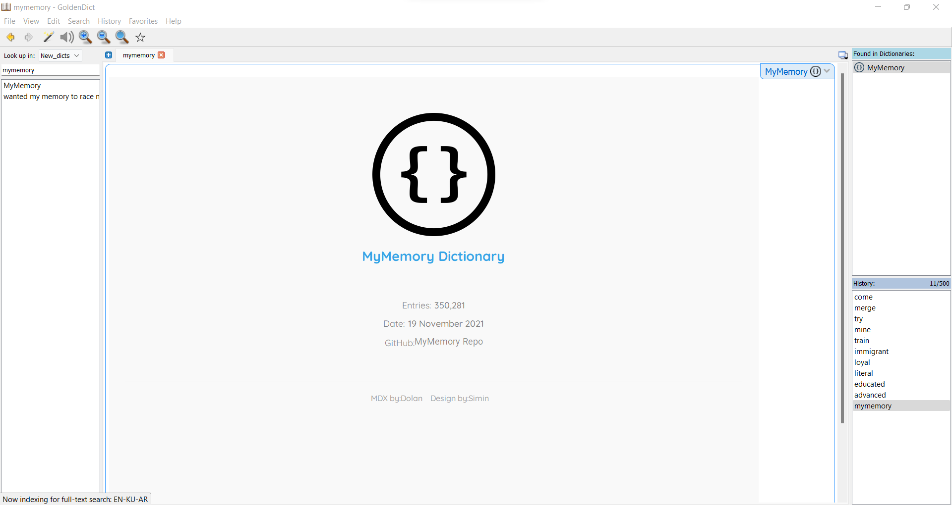 MyMemory Dictionary on Windows GoldenDict