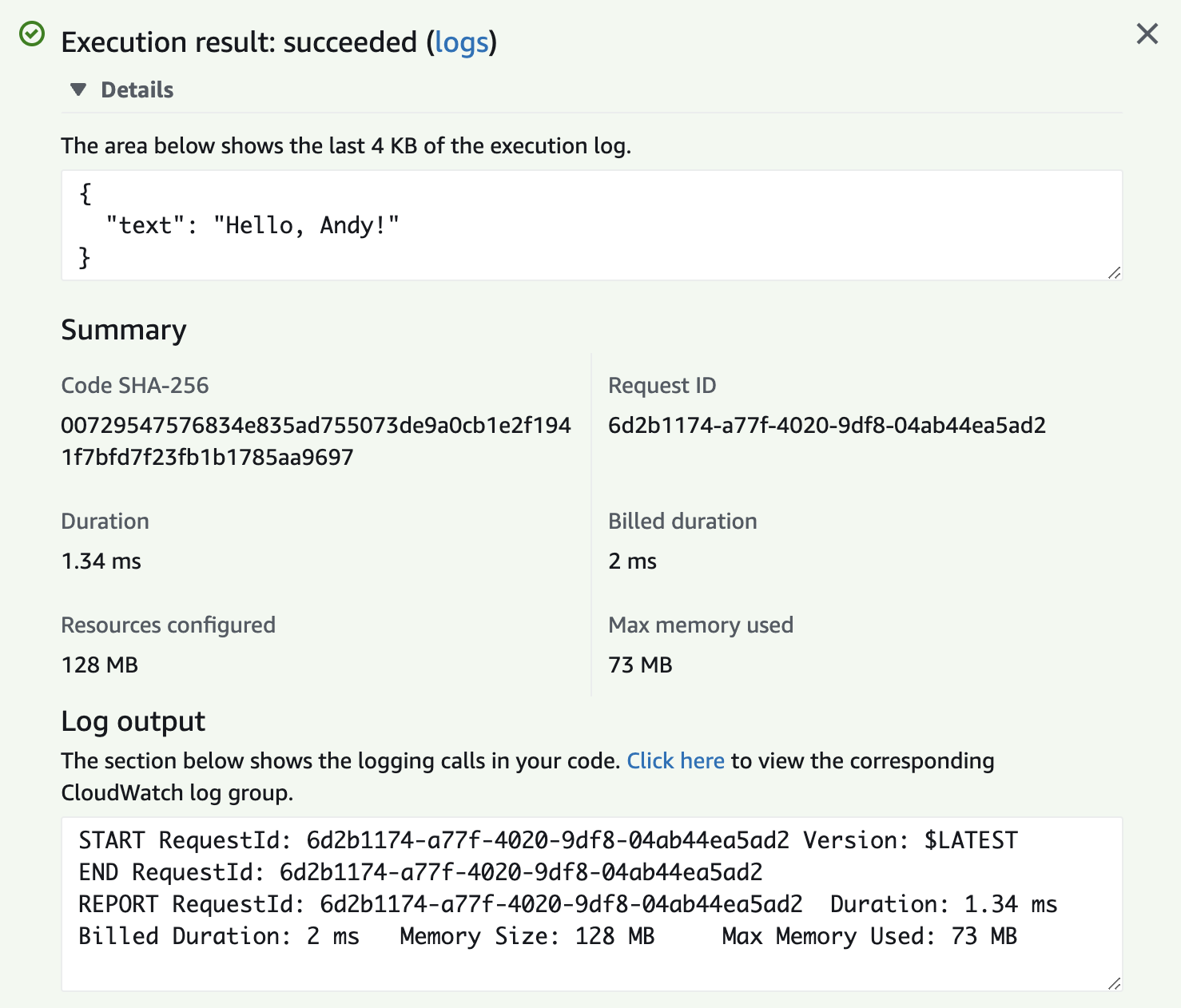 AWS Console Test Output