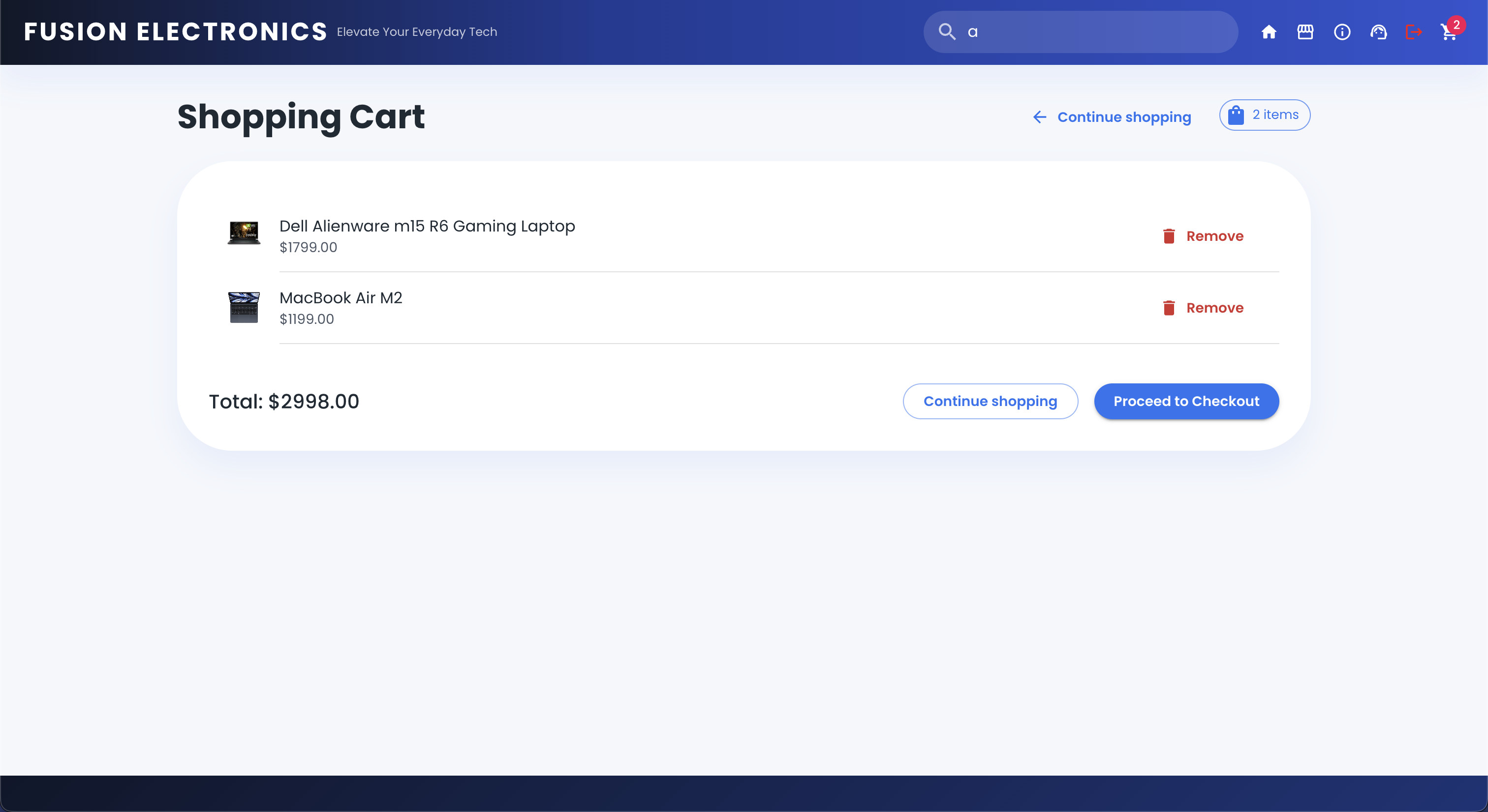 Fusion Electronics Cart Page