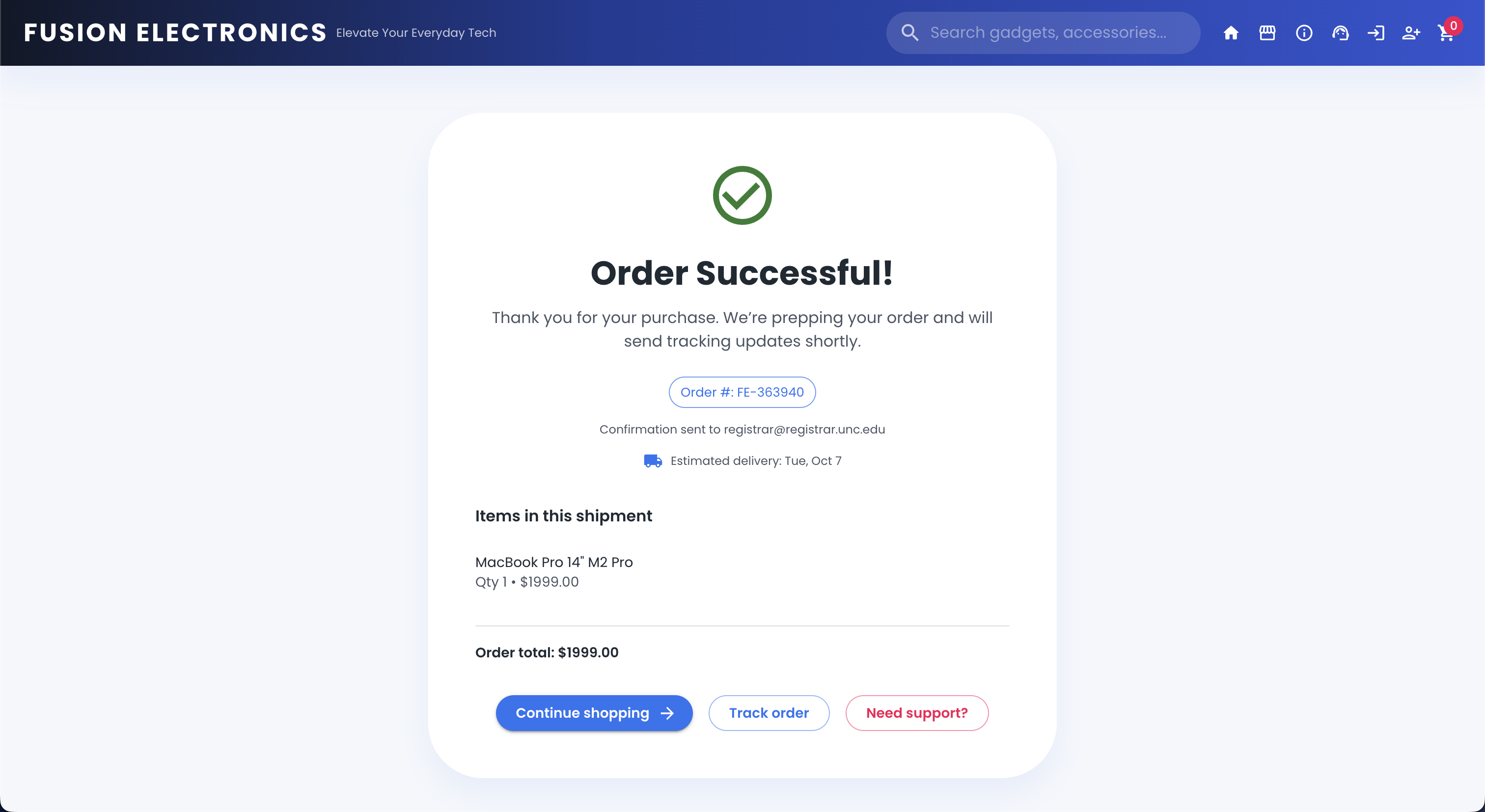 Fusion Electronics Order Success Page