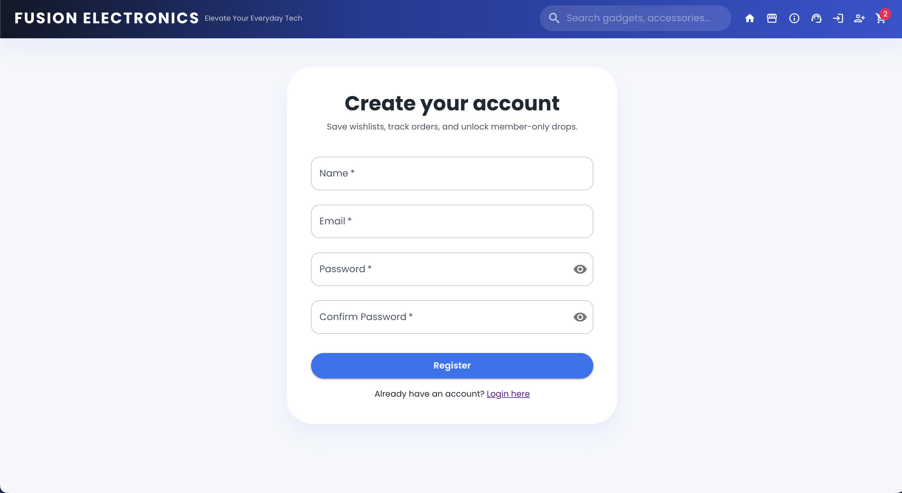 Fusion Electronics Register Page