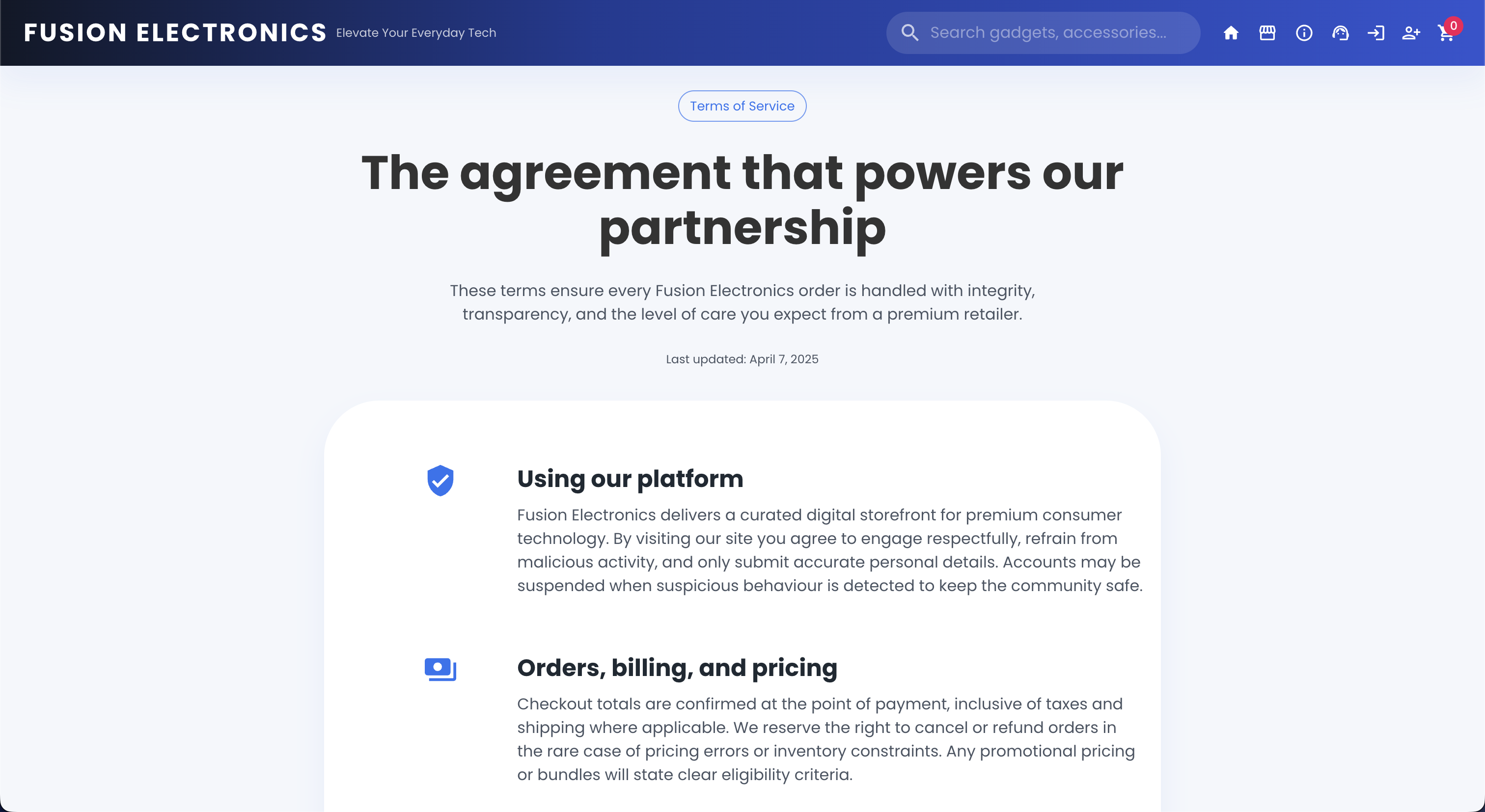Fusion Electronics Terms of Service Page
