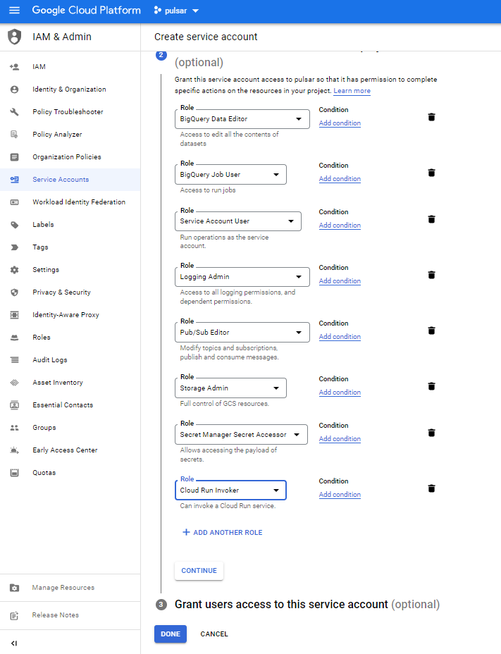 Service account creation and permissions