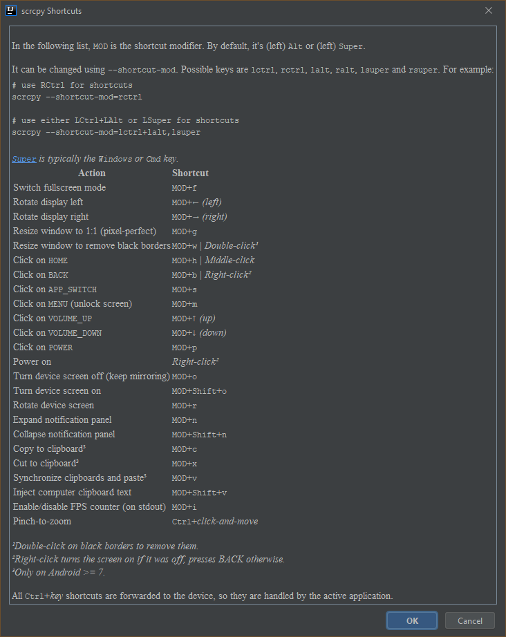 Shortcuts Dialog