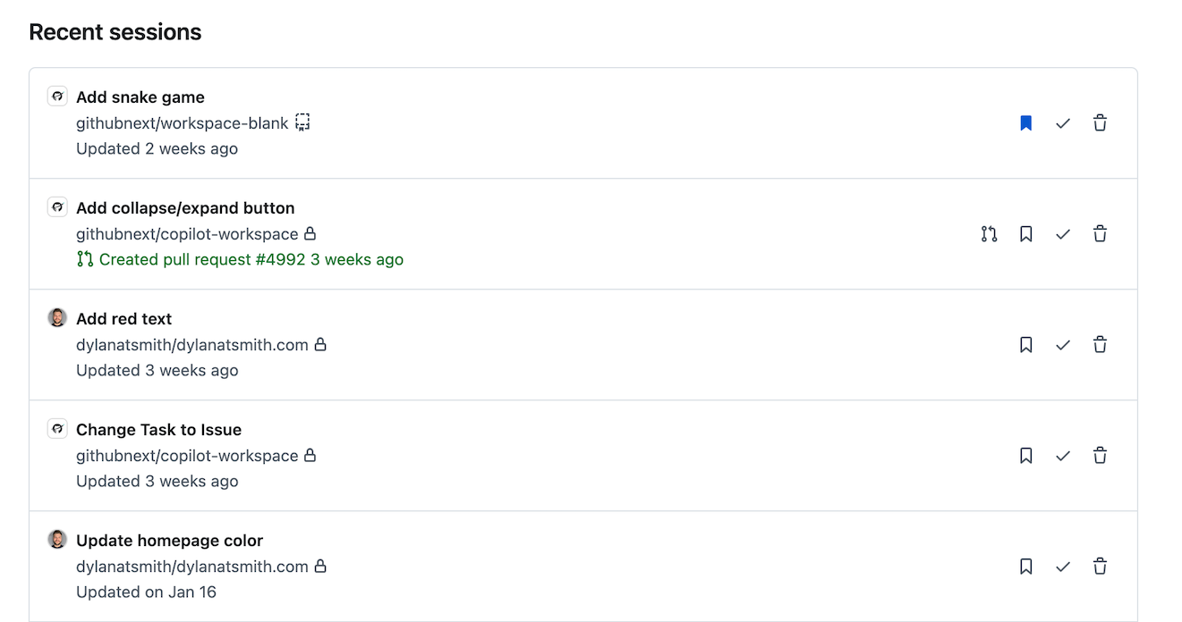 Screenshot shows list of recent sessions with linked pull requests