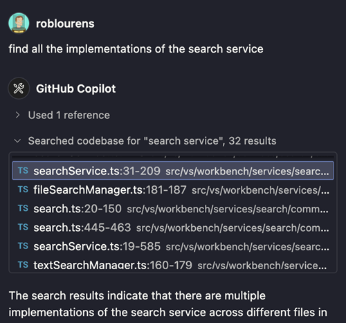 Screenshot that shows the expandable list of search results in Copilot Edits.