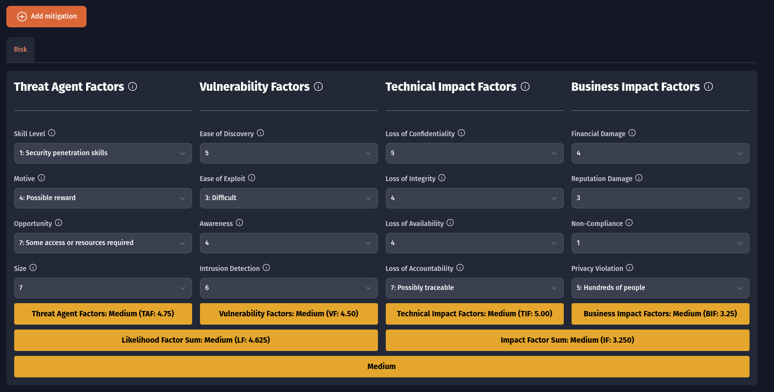 Risk factors window