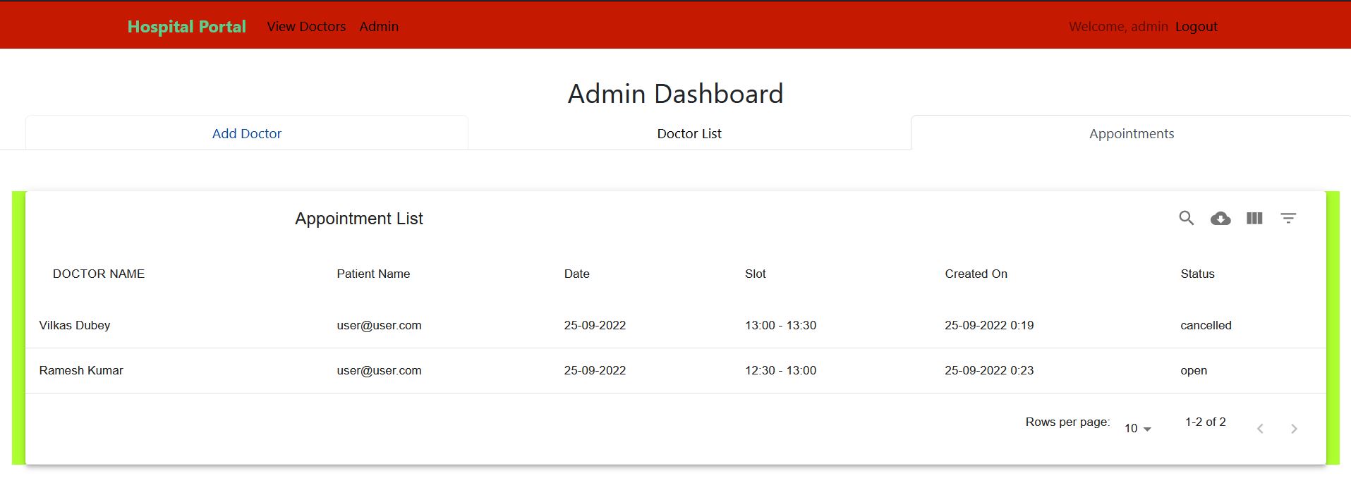 Admin Appoinment View