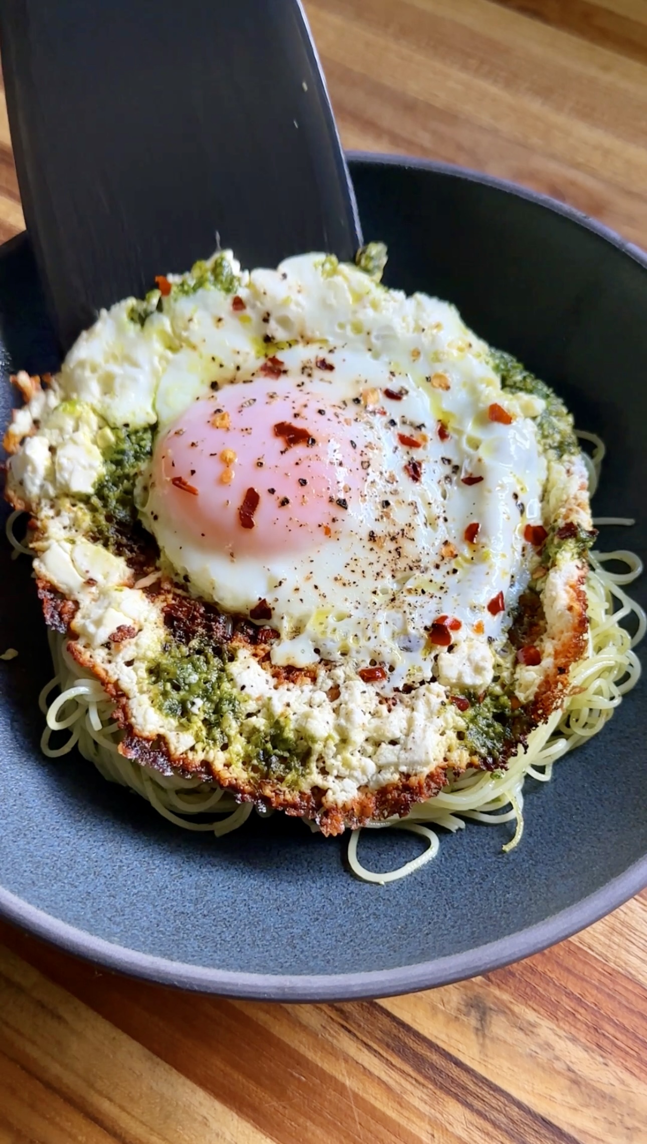 feta fried egg pesto pasta