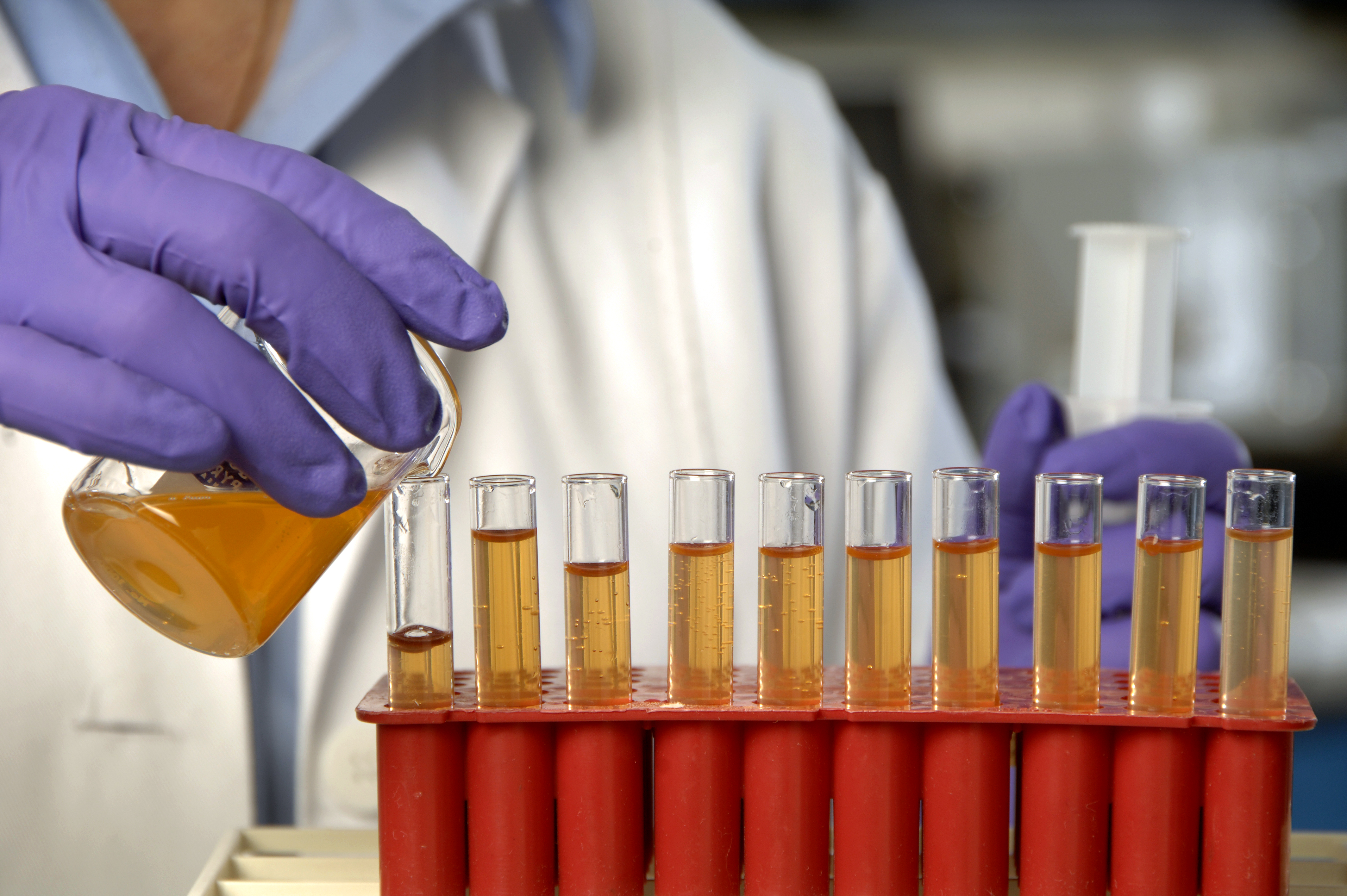 Lab worker poring solution in test tubes