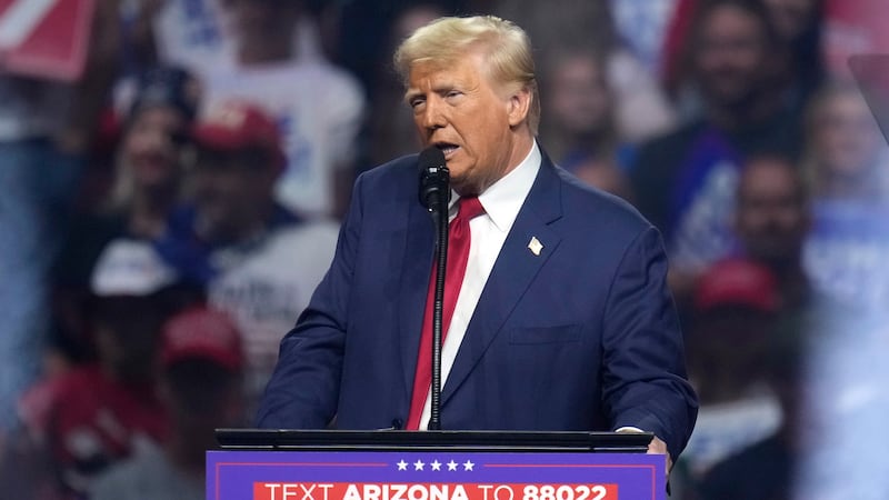 Republican presidential nominee former President Donald Trump speaks at a campaign rally...