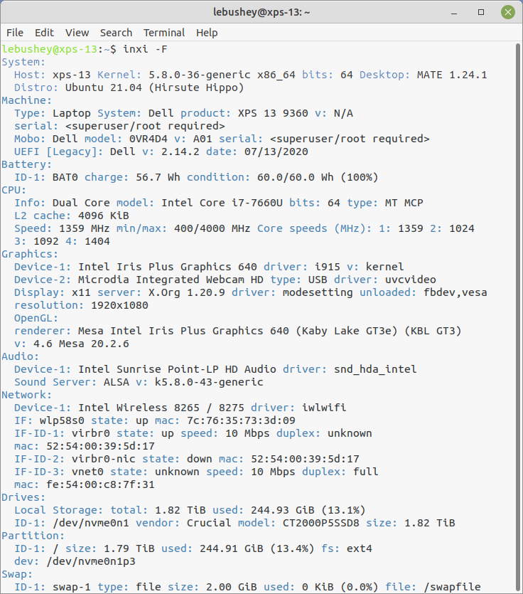 Screenshot of the inxi output.