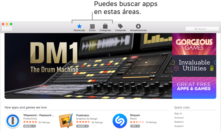 Las áreas Destacados, Éxitos y Categorías en App Store.