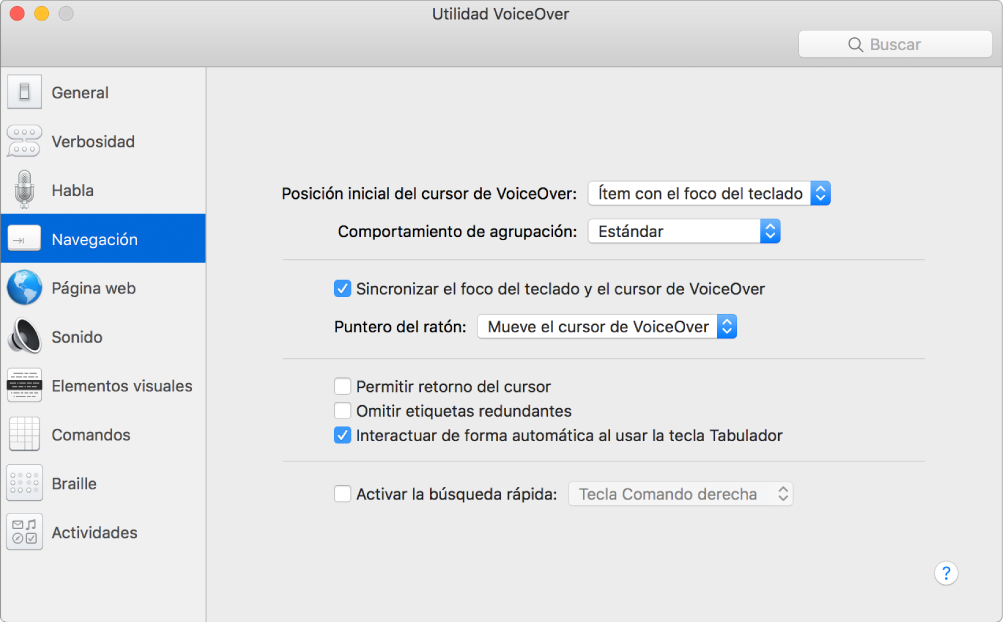 La ventana de Utilidad VoiceOver con la categoría Navegación seleccionada en la barra lateral, a la izquierda, y sus opciones a la derecha. En la esquina inferior derecha de la ventana hay un botón de ayuda para mostrar la ayuda de VoiceOver en Internet acerca de las opciones.
