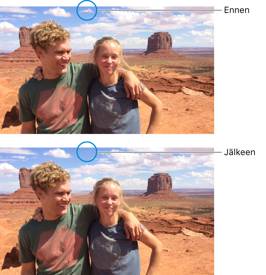 Kuva ennen retusointia pieni jälki näkyvillä, ja retusoinnin jälkeen ilman jälkiä.